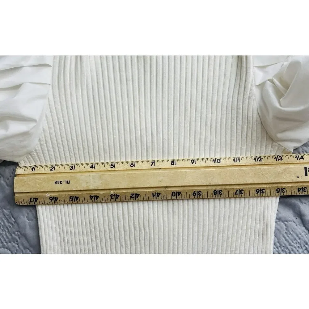 Zara L Ivory Ribbed Knit Dramatic Puff Balloon Sleeve Top Statement Blouse